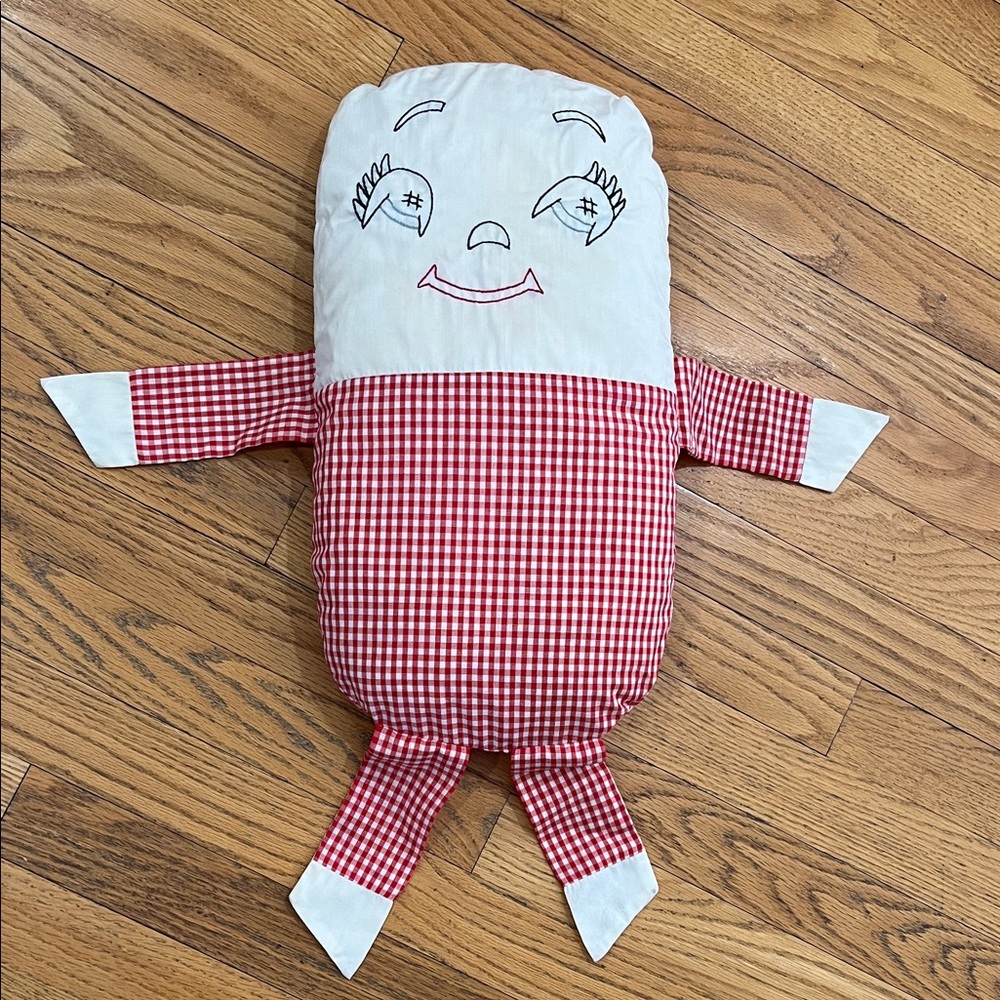 Vtg Handmade HUMPTY DUMPTY Pillow Doll Embroidery Face Red Gingham Pillow Inset
